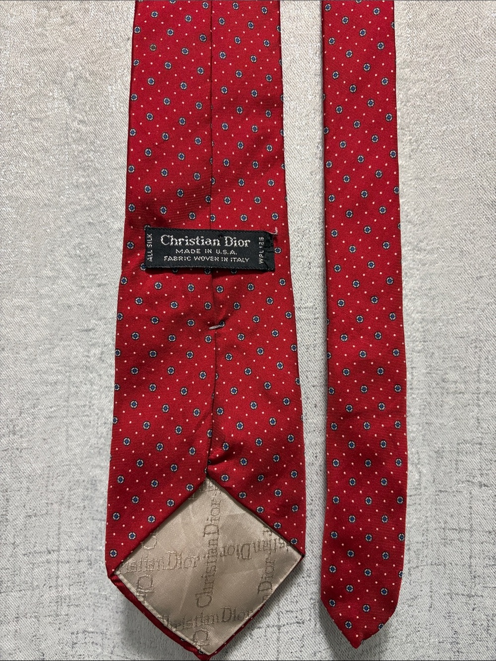 Dior Red Silk Tie with Small Navy and White Dots